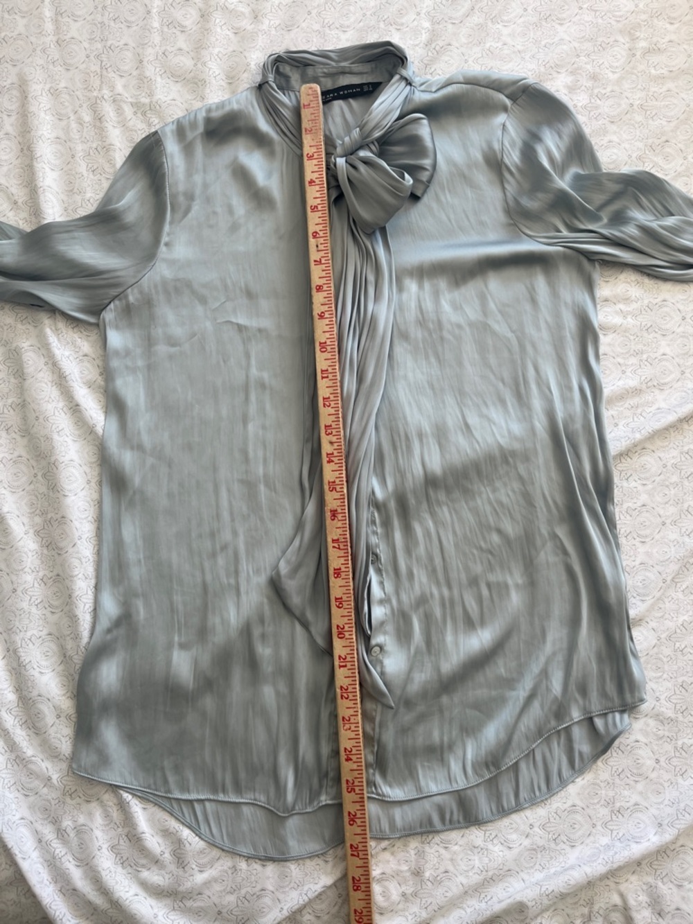 Zara - Dusty Blue Satin Bow-Neck Blouse - Picture 7 of 9